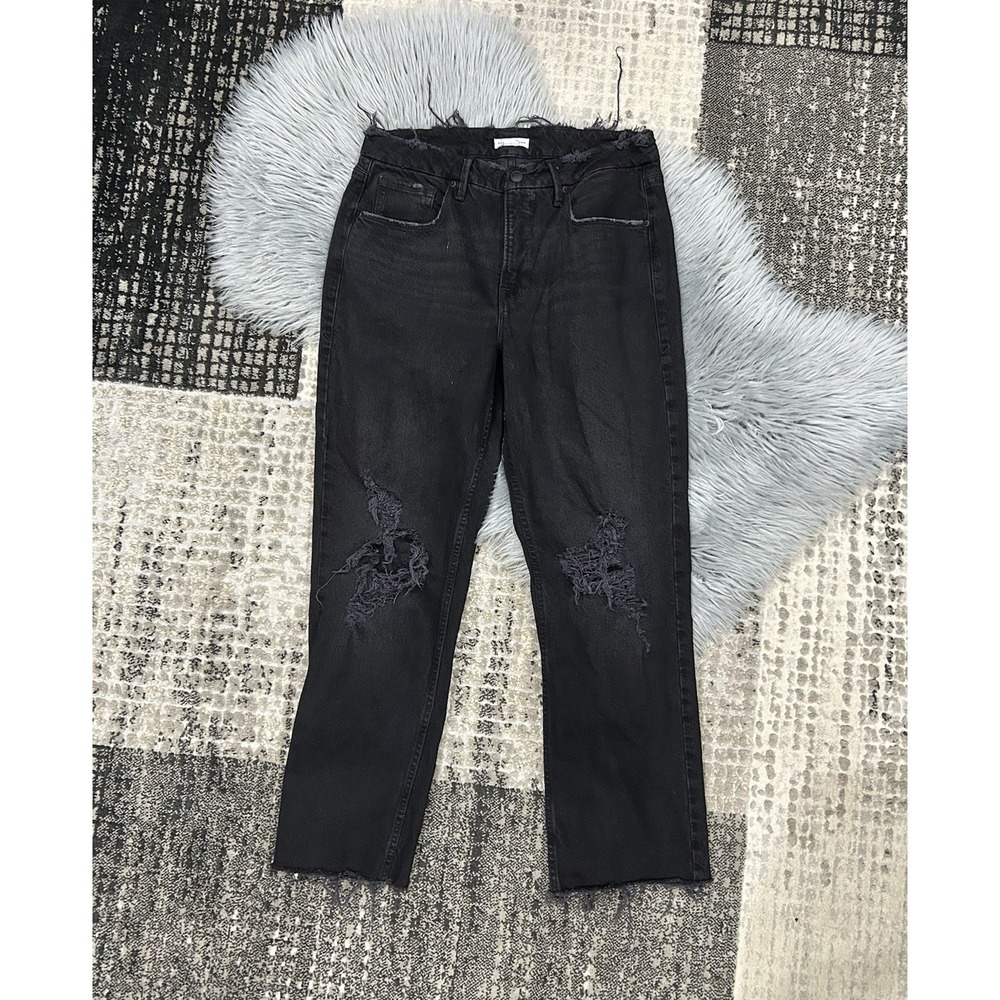 Good American Straight Leg Ankle Jeans Raw Hem Black Distressed High Rise 8 / 29